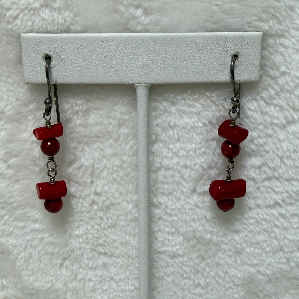 Sterling Silver Handcrafted Red Bead‎ Drop Earrings French Wire Geometric Dangle